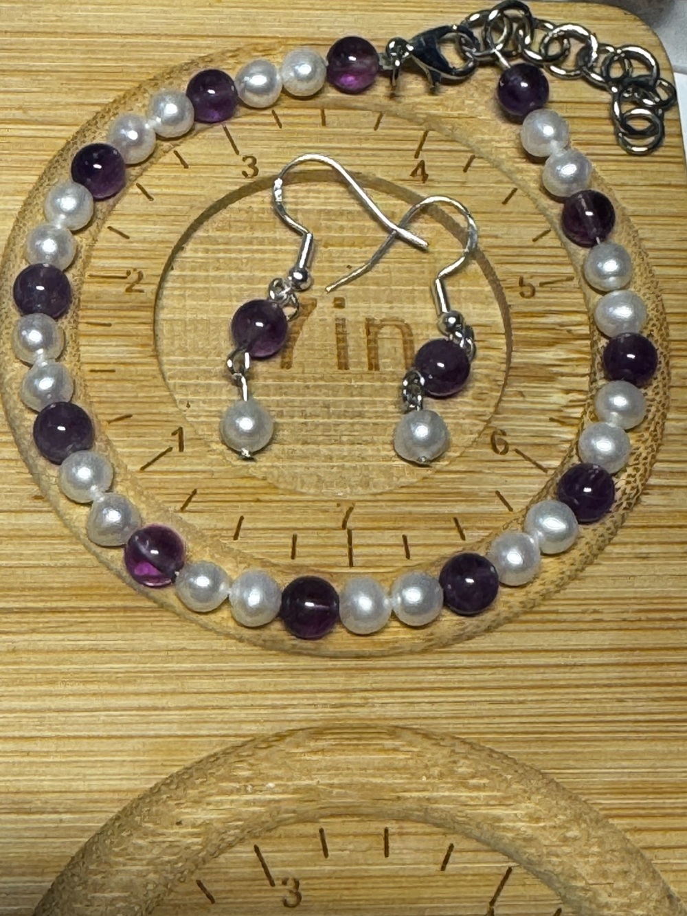 Pearl and Amethyst Beaded Bracelet and Earring Set
